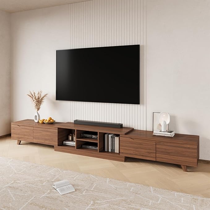 MEISSALIVVE Extendable TV Stand for Up to 120 Inch TV, Modern Entertainment Center with 4 Drawers & 2 Storage Compartments, Adjustable Length (95"-121"), TV Consoles for Living Room (Walnut)