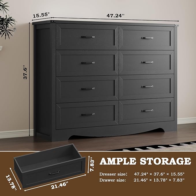BORNOON 8-Drawer Dresser for Bedroom, Modern Wooden Chest of Drawers with Metal Handles, Anti-Tipping Design, Sturdy and Stable Storage Organizer for Living Room, Entryway, Home Office, Standard