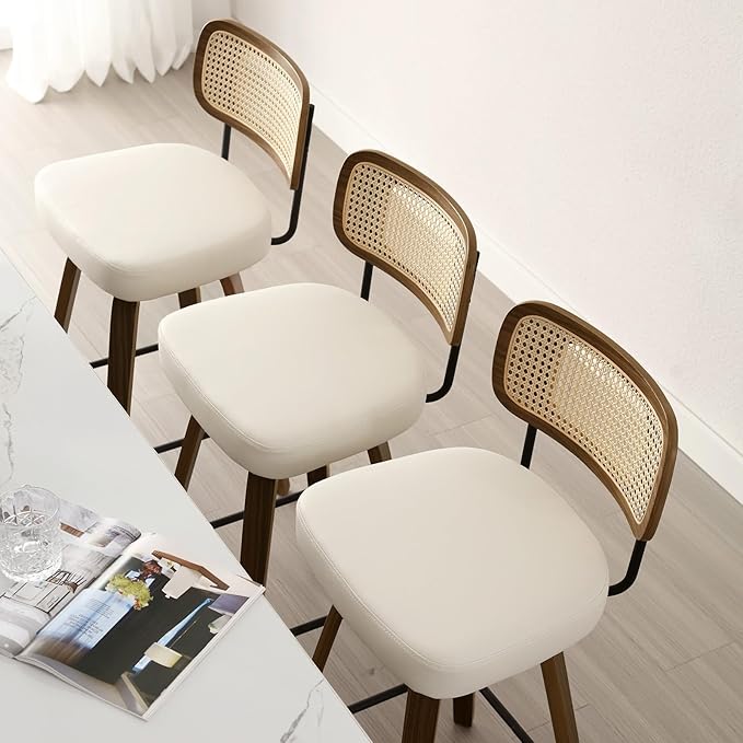 Bekrvio Swivel Counter Height Bar Stools Set of 4, Upholstered Faux Leather Barstools with Rattan Back, 26" Seat Height Bar Chairs for Kitchen Island, Bentwood Wood Frame, Cream White