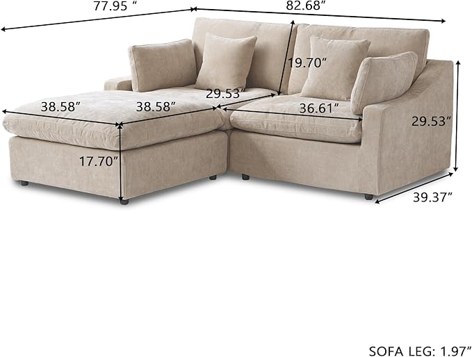 Modular Sectional Sofa Cloud Couch, 82.68" Loveseat Sofa with Chaise Ottoman, Linen Blend Fabric Minimalist Deep Seat Sectional Couches for Apartment Small Space, Khaki Sofa Covers Washable&Removable