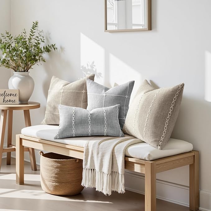 HOMEIDEAS Decorative Striped Throw Pillow Covers 20x20 Set of 2, Grey Farmhouse Pillow Covers, Neutral Faux Linen Cushion Covers for Couch Sofa Bed Home Decor