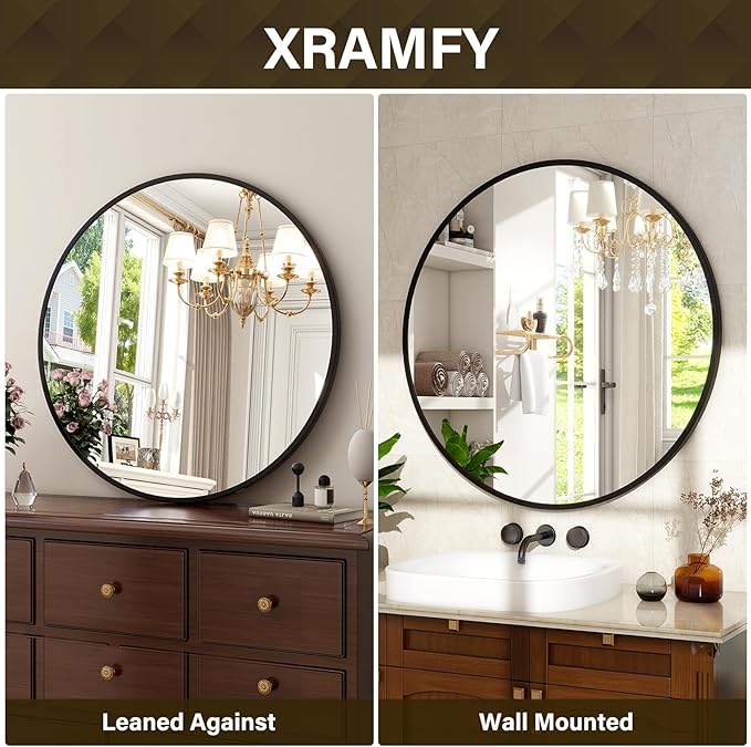 XRAMFY 36 Inch Round Mirror - Circle Mirrors for Bathroom, Entryway and Living Room Wall Decor, Modern Hanging Vanity Mirror, Matte Black Circle Decorative Wall Mirror