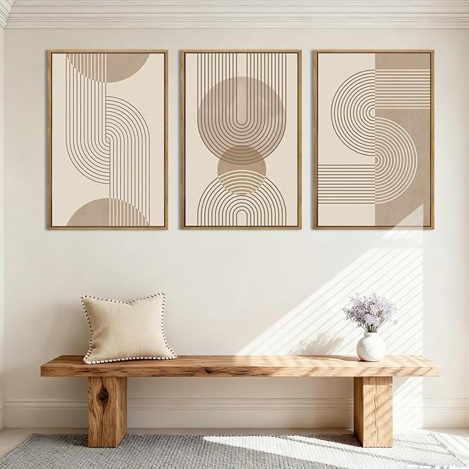 Anyzal Large Abstract Wall Art Framed,Boho Wall Art Geometric Line,Modern Mid Century Artwork Minimalist,Beige Neutral Painting Boho Abstract for Home Living Room Bedroom Office 24''x36'' Set of 3