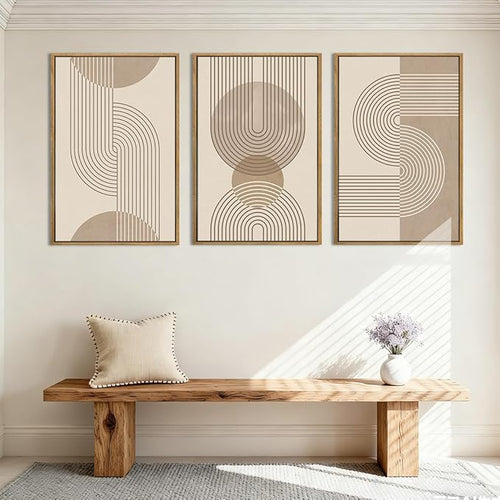 Anyzal Large Abstract Wall Art Framed,Boho Wall Art Geometric Line,Modern Mid Century Artwork Minimalist,Beige Neutral Painting Boho Abstract for Home Living Room Bedroom Office 24''x36'' Set of 3