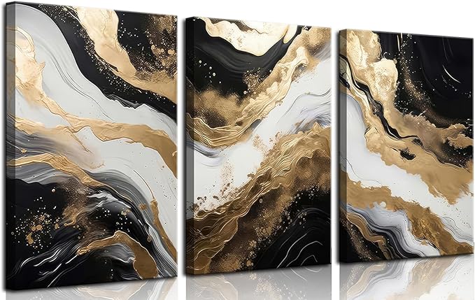 Black and Gold Abstract Canvas Wall Art Set of 3 Abstract Black Gold Marble Wall Decor Pictures Neutral Modern Minimalist Posters Prints for Living Room Bedroom Home Decoration 16x24in
