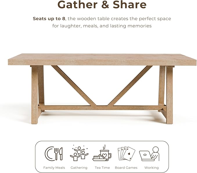 Furniture of America Wellen Farmhouse 84-Inch Rectangle Solid Wood Dining Table with Plank and Beam Base, Trestle Design, Seats Up to 8, for Kitchen, Home Office, Natural Oak