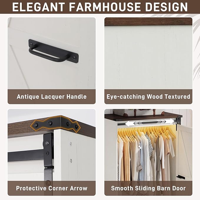 Farmhouse 2 Doors Armoire Wardrobe Closet w/Folding Sliding Barn Door and Lights, LED Armoire Closet w/Drawers for Bedroom, Freestanding Wooden Wardrobe Storage Closets w/Hanging Rod,Antique White