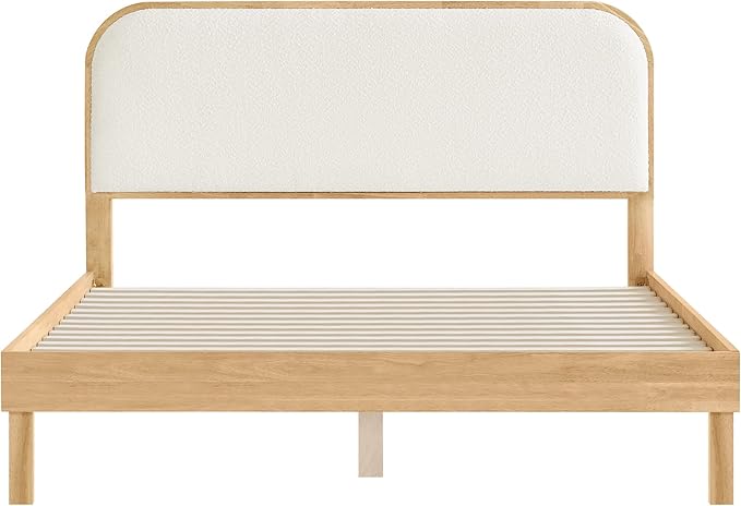 KISLOT Wood Bed Frame with Upholstered Headboard, Mid-Century Boucle Fabric Platform Modern Bed Mattress Foundation Noise-Free No Box Spring Needed Easy Assembly