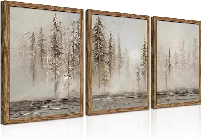 Framed Forest Wall Art Set of 3, Vintage Neutral Tree Canvas Wall Decor Paintings, Abstract Nature Landscape Artwork Pictures Prints for Living Room Office Bedroom 16x24 Inch