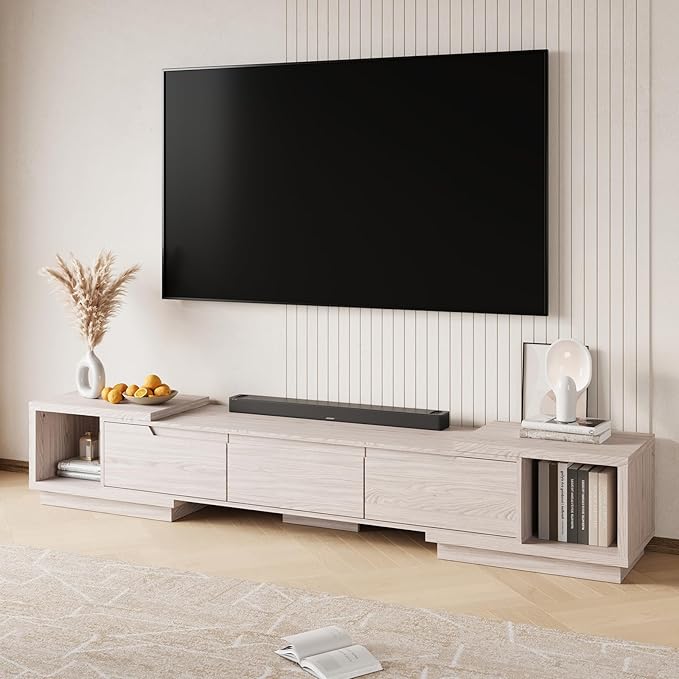 MEISSALIVVE Extendable TV Stand for Up to 120 Inch TV, Modern Entertainment Center with 3 Drawers & 2 Storage Compartments, Adjustable Length (65"-103"), TV Consoles for Living Room & Bedroom (White)