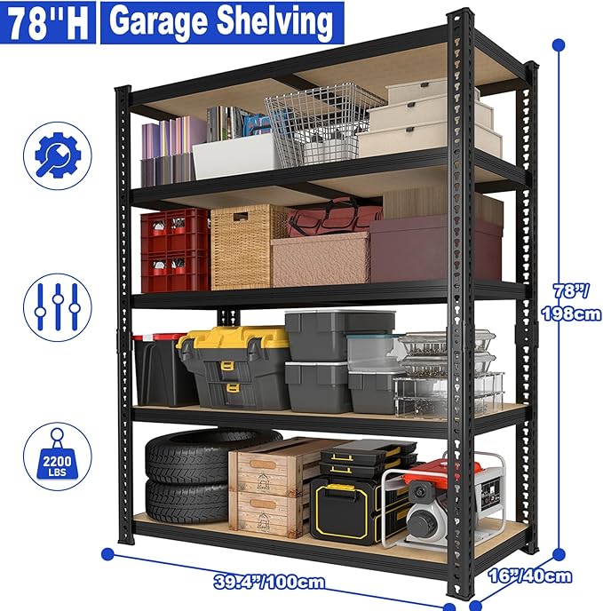 78'' H Garage Storage Shelves, Shelving Units and Storage, Heavy Duty Garage Shelving, Metal Shelves for Basement, Warehouse, Pantry, Closet, Kitchen, 78''H x 40''W x 16''D, 2200 LBS