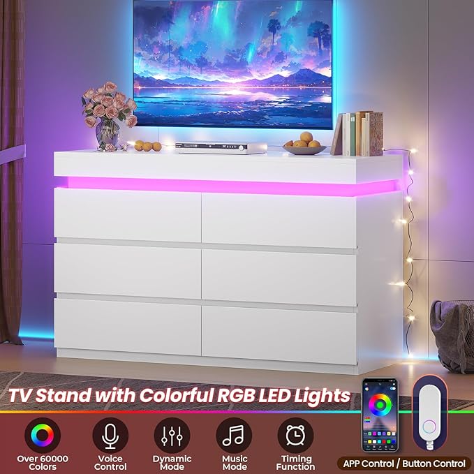 HAUOMS 6 Drawer Dresser with LED Light, White Modern Chest of Drawers for Bedroom,Closet Dressers with Drawers for Living Room, Entryway, Hallway