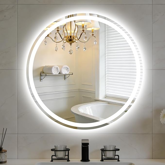 NEWBULIG 30 Inch Round LED Bathroom Wall Mirror with Lights, Light up Vanity Bathroom Mirror for Over Sink, Anti-Fog and Dimmable, Front Light and Backlit, Memory Function, Shatter-Proof, White