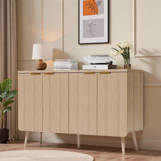47.2" Modern Fluted Sideboard Cabinet with 4 Doors, Wood Storage Credenza with Shelves, Multi-Purpose Buffet Cabinet for Entryway, Dining & Living Room, Natural Wood
