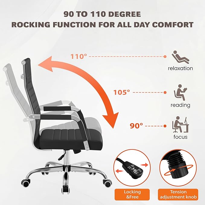 Furmax Ergonomic Office Desk Chair, Executive Ribbed Mid-Back PU Leather Conference Room Chair Adjustable Swivel Chair with Arms (1, Black)
