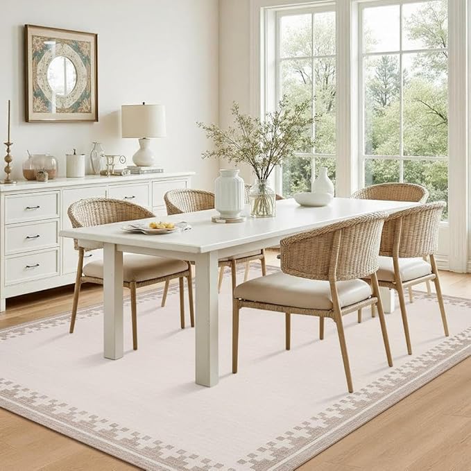 GarveeHome 9x12 Large Beige Area Rugs Cross Bordered Washable Low Pile Indoor Carpet Perfect for Living Room Home Office Bedroom Modern Non Slip Soft Dining Room Farmhouse Rug, Light Camel/Seashell