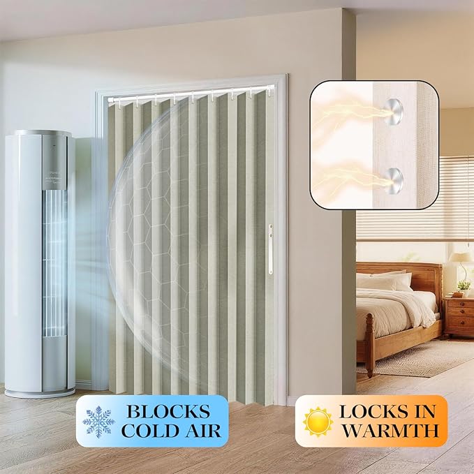 JILRON 100% Blackout Fabric Folding Door Curtain with Magnetic Closure - Accordion Style for Sliding Doors, Closets,Wardrobe and Temporary Door Solutions Doorway Curtains（W42 x L78, Off White 1 Panel）