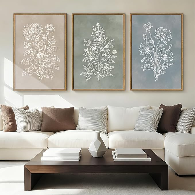 Anyzal Large Boho Botanical Framed Wall Art 16x24 Inch Minimalist Floral Canvas Wall Decor Farmhouse Plant Art Prints for Living Room Bedroom Dining Room Set of 3