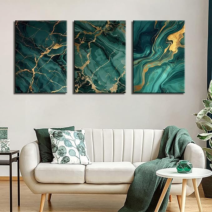 Emerald Green and Gold Canvas Wall Art Set of 3 Abstract Green Gold Marble Fluid Wall Decor Pictures Neutral Modern Minimalist Posters Prints for Living Room Bedroom Home Decoration 12x16in