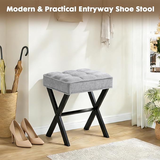 Modern Square Foot Stool Ottoman, Upholstered Vanity Chair with Metal X-Legs & Soft Linen Fabric - Versatile Seat and Footrest for Makeup, Living Room, Bedroom & Entryway (X-LightGray)