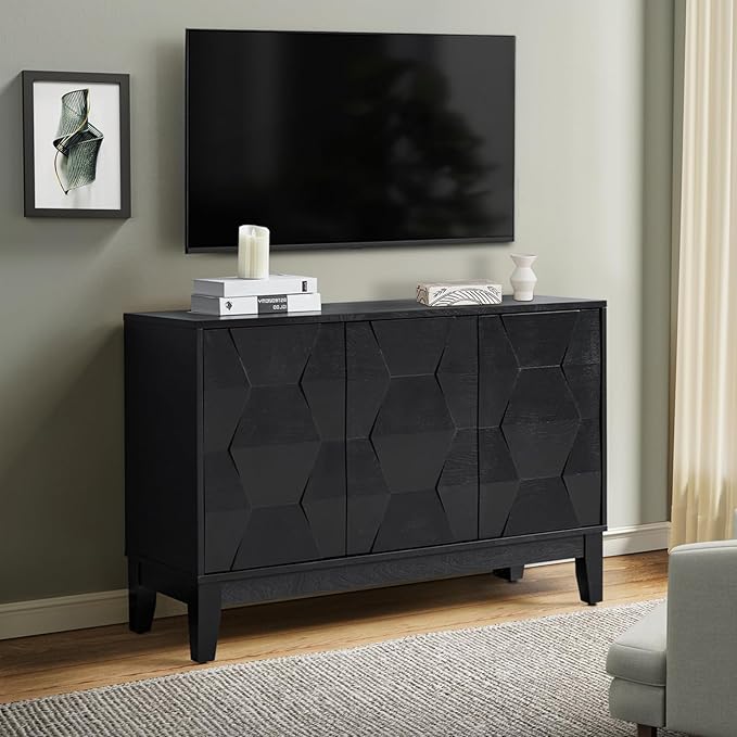 HULALA HOME Modern Kitchen Buffet Cabinet Storage Sideboard with 3D Geometric Design, Freestanding Floor Cabinet with 3 Doors & 2 Adjustable Interior Shelves for Living Room Dining Room Hallway, Black
