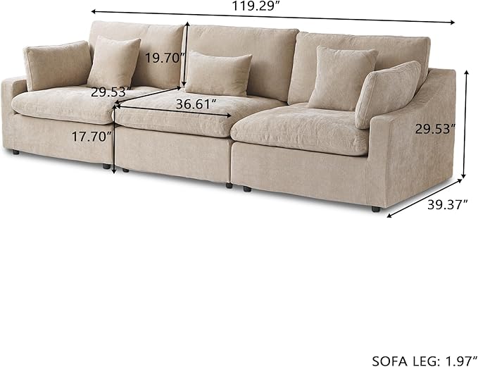 Modular Sectional Sofa Cloud Couch, 3 Seat Khaki Modular Couch, Minimalist Deep Wide Seat Sectional Couches for Living Room, Khaki Sofa Covers Washable&Removable