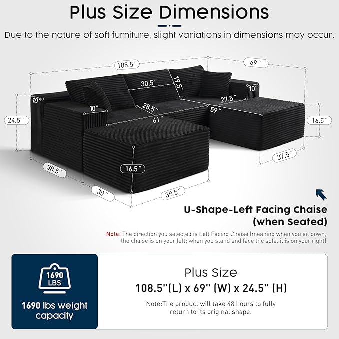 Black Sectional Couch with Ottoman, 108" Cloud Modular Couch for Living Room, Modern U-Shaped Sofa, No Assembly Required - Plush Corduroy Fabric & Deep Seat Comfort (Left Facing Chaise)