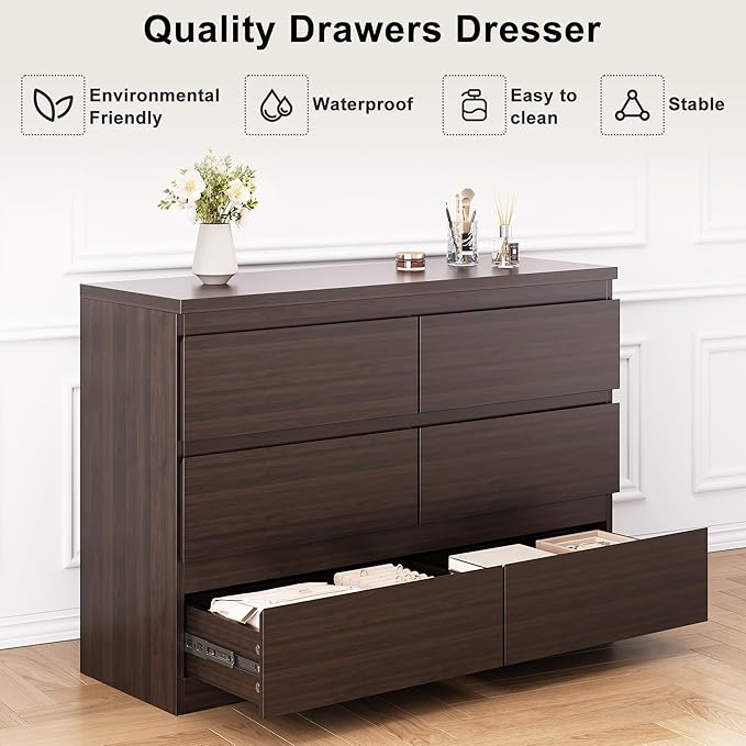 Jocoevol Modern 6 Drawer Dresser - Simply Chest of Drawers for Bedroom, Closet, Living Room, Hallway, Entryway, Wood Storage Double Dresser with Smooth Metal Rails - Retro Brown