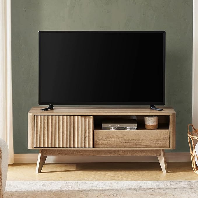 mopio Brooklyn Mid-Century Modern TV Stand, for TVs up to 50” / 59" Waveform Panel, Sleek Curved Profile with Adjustable Shelf and Sturdy Box Frame Leg (Golden Oak, 47")