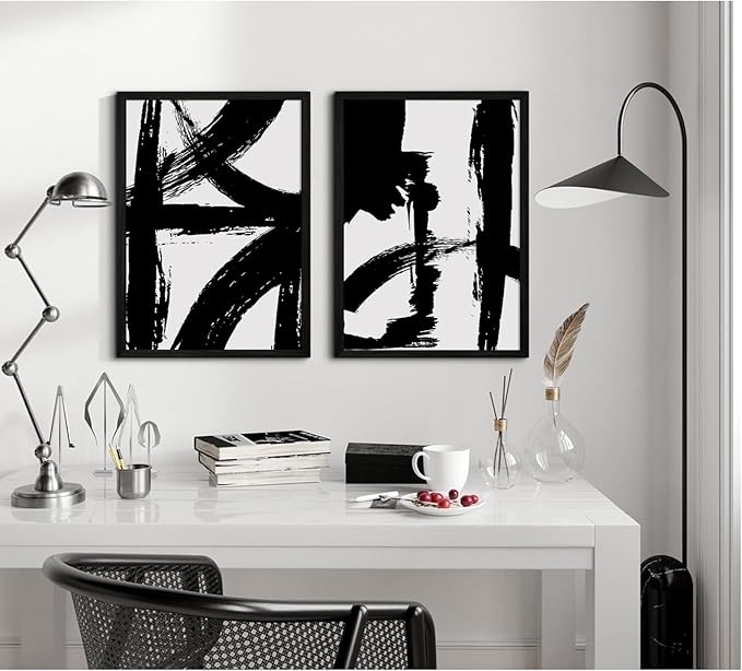 Black and White Wall Art Abstract Modern Painting Minimalist Line Canvas Wall Art Decor Black And White Poster Abstract Artwork Prints for Living Room Bedroom 16x24 Inch Wood Framed Set of 2