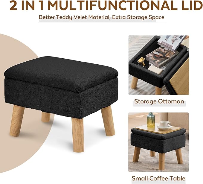 Storage Ottoman, Small Foot Stool Ottoman with Storage, Teddy Velvet Foot Rest with Wood Legs, Footstool for Living Room, Bedroom, Entryway, Black