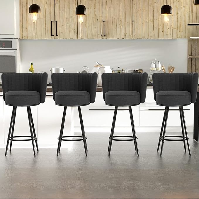 HONIFUR Bar Stools Set of 4, 27" Tufted Modern Counter Height Bar Stools, Upholstered Barstools with Back & Footrest Metal Legs, Stools for Kitchen Island, Counter, Cafes, Dining Room (Dark Gray)