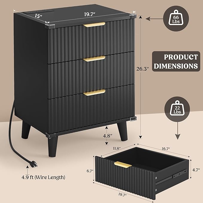 Lulive Modern Dresser and Nightstand Sets 3-Piece, 6-Drawer Dresser + 2 Nightstands Bedroom Sets with Solid Wood Legs (Black)