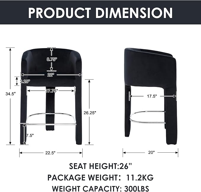 HNY Modern Counter Height Bar Stools Set of 2, 26" H Barrel Counter Stools for Kitchen Counter, Upholstered Barstools with Back and Armrest, Black Velvet Bar Stools for Kitchen Island, Black