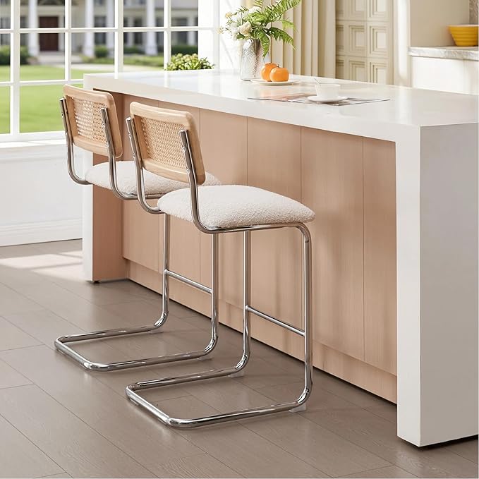 Zesthouse Natural Rattan Counter Stools Set of 4, 26'' Mid Century Modern Counter Height Barstools with Solid Wood Back & Cane Mesh, Upholstered White Boucle Bar Stools for Kitchen Island, Chrome Base