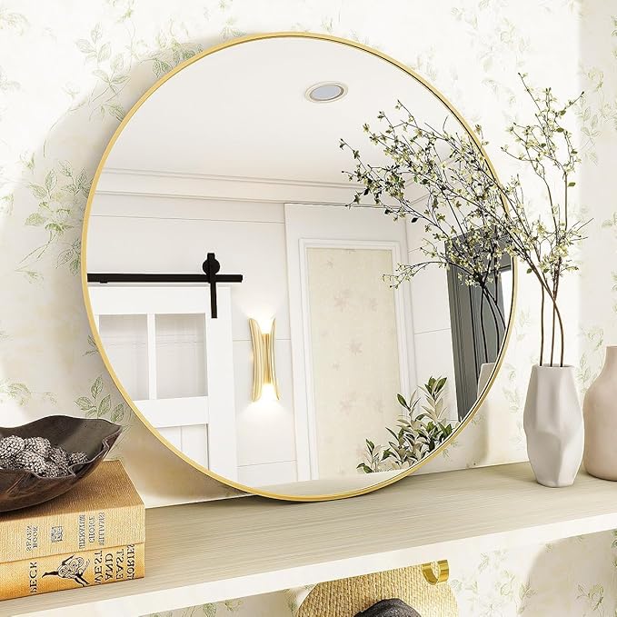 VooBang Gold Round Bathroom Mirror, 20 inch Circle Wall Mounted Hanging Mirror with Simple Modern Circular Metal Frame for Hallway, Entryway, Living Room, Gold Frame