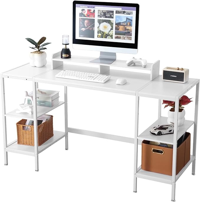 MINOSYS Computer Desk 55-inch with Storage Shelf - White Ideal Gaming Desk for Bedrooms, Small Spaces, and Home Offices Modern Writing Desk for PCs.