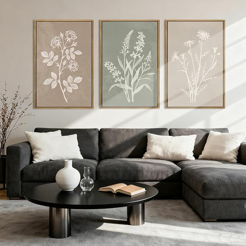 Anyzal Large Framed Boho Botanical Wall Art 16x24 Inch Neutral Plant Canvas Wall Decor Minimalist Floral Farmhouse Painting for Living Room Bedroom Dining Room Set of 3