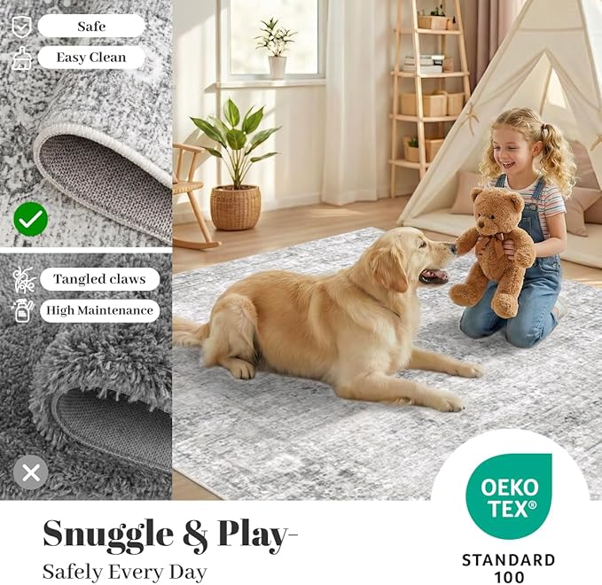 Homemate Washable Rug 2x6 Area Rugs - Vintage Faux Wool Rugs for Living Room Bedroom Dining Room - Non Slip Foldable Carpet Indoor Area Rug for Home Decor（2'x6', Grey