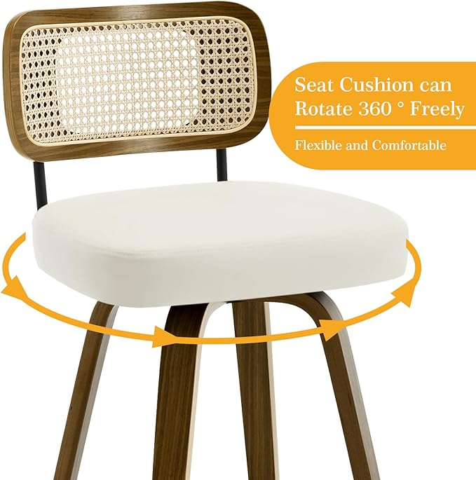Bekrvio Swivel Counter Height Bar Stools Set of 4, Upholstered Faux Leather Barstools with Rattan Back, 26" Seat Height Bar Chairs for Kitchen Island, Bentwood Wood Frame, Cream White