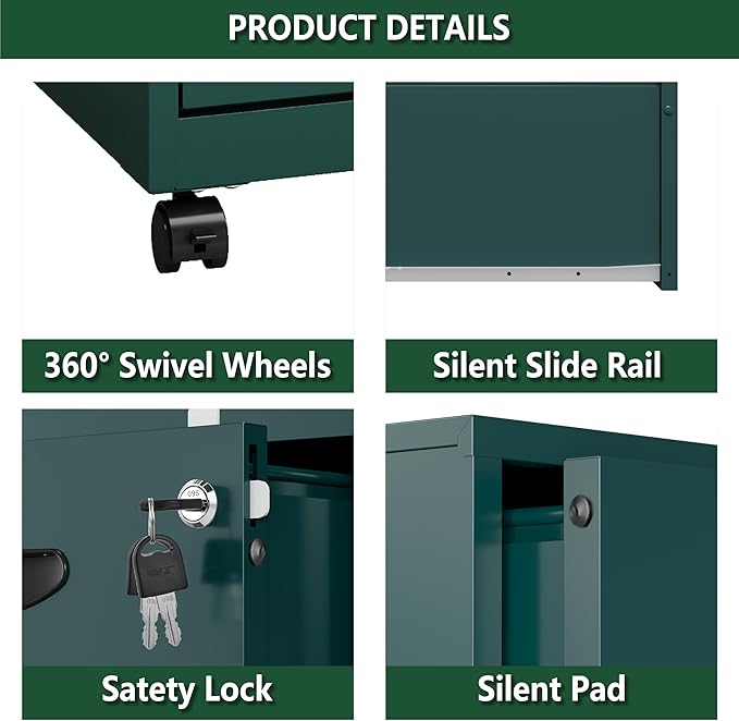 Polup 2 Drawer File Cabinet with Lock, Small Rolling Filing Cabinet for Home Office, Metal Mobile File Cabinets on Wheels, Under Desk Office Cabinets for Letter Size Folders - Assembly Required