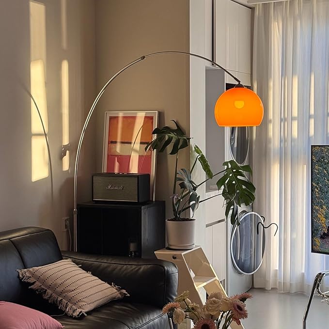 Orange Arc Floor Lamp with Acrylic Shade,Arch Reading Lamp Floor Standing,Mid Century Modern Orange Standing Lamp for Living Room Bedroom