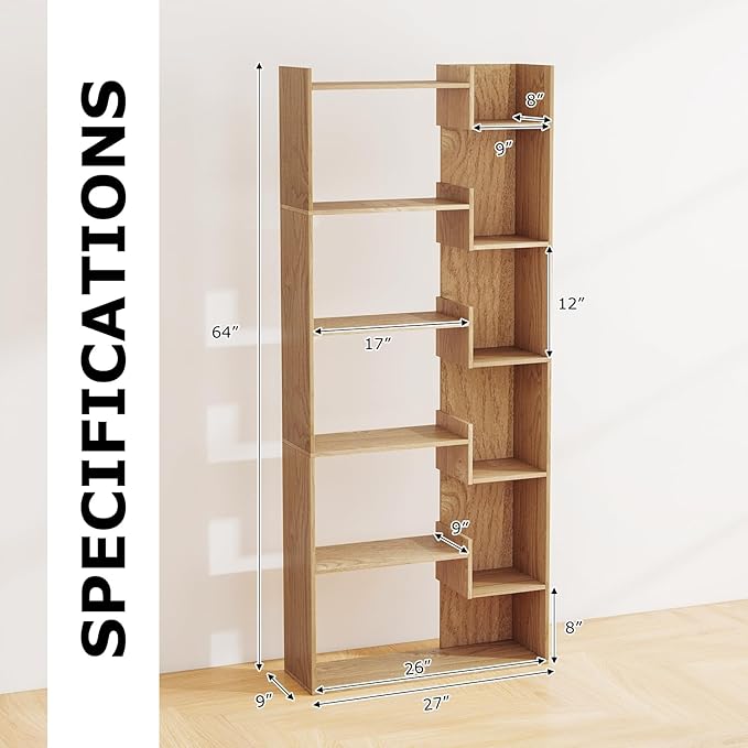 Tangkula 6-Tier Bookshelf, 64”H Tall Open Bookcase with Anti-Tip Kits, Home Office Free-Standing Wood Room Divider Display Book Shelf, Modern 11-Shelf Storage Rack for Study, Living Room (2, Natural)