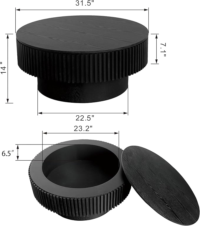 Round Coffee Table with Storage, Modern Handcraft Drum Coffee Table Wood Circle Center Table for Living Room Apartment, 31.49" Black