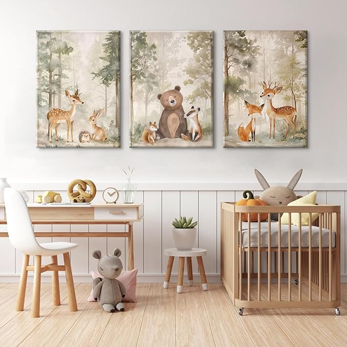 Woodland Nursery Wall Art Decor Animal Forest Canvas Prints Baby Boy Room Wall Decor Bear Nursery Nature Pictures Deer Prints Artwork for Boy Girl Kids Bedroom 16x24 Inch Wrapped Canvas Set of 3