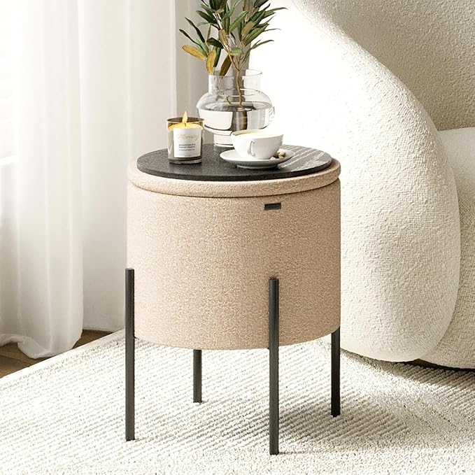 STORAGEBUD Round Ottoman with Storage, Boucle Storage Foot Stool, Makeup Vanity Stool, Small Ottoman Foot Rest, Modern Ottomans for Living Room and Bedroom, Beige
