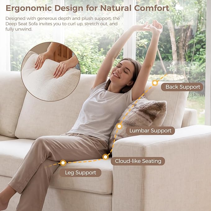 ELUCHANG 85" Modern Couches for Living Room, Natural Linen 3 Seat Sofa, Comfy Deep Seat Sofa, Spring Cushions, Removable Cover, Solid Wood Frame, Easy Assembly Loveseat for Small Space,Apartment,Beige | Breathable material, Easy to Assemble, Removable ...