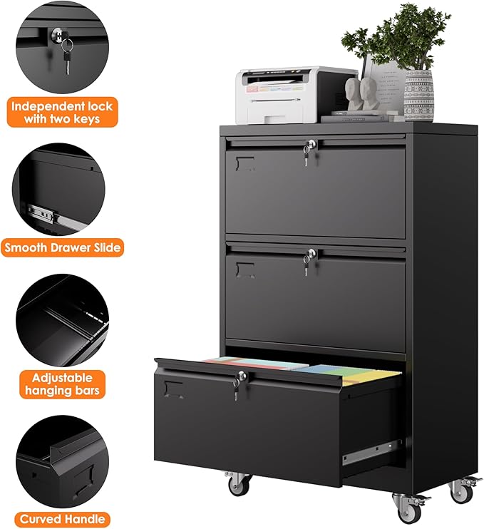 METAN 3 Drawer Lateral File Cabinet on Wheels with Locks, Heavy Duty Metal Rolling Filing Cabinet for Home Office, for Letter, Legal Size Folders, Black, 16" D x 29" W x 47.5" H, Assembly Required