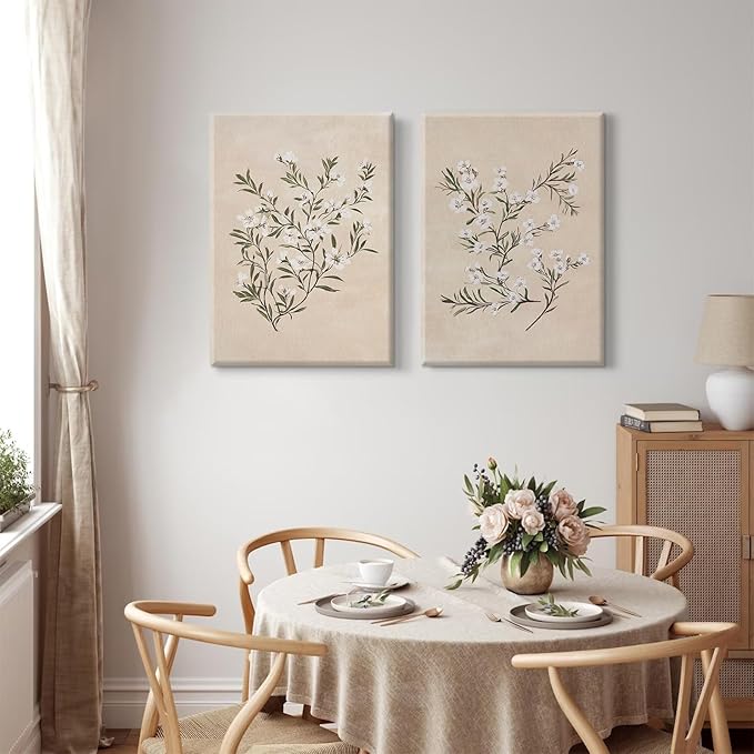 Vintage Botanical Wall Art Neutral Floral Prints Farmhouse Flower Canvas Wall Decor Watercolor Wildflower Pictures Nature Minimalist Artwork for Living Room Bedroom 16x24 Inch Wrapped Canvas Set of 2