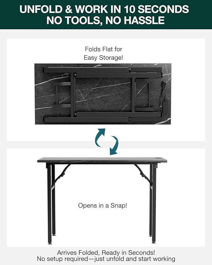 Frylr Small Folding Computer Desk – 43.3 Inch Portable Table for Craft and Study, Lightweight Desk for Small Spaces, Foldable Laptop Table Built-in AC/USB Outlets for Convenience, Marble Greige